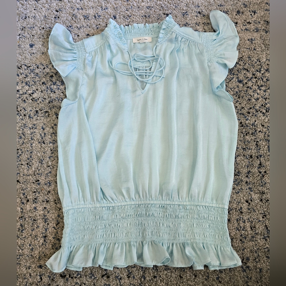 Blue Flutter Sleeve Blouse with Smocked Ruffles